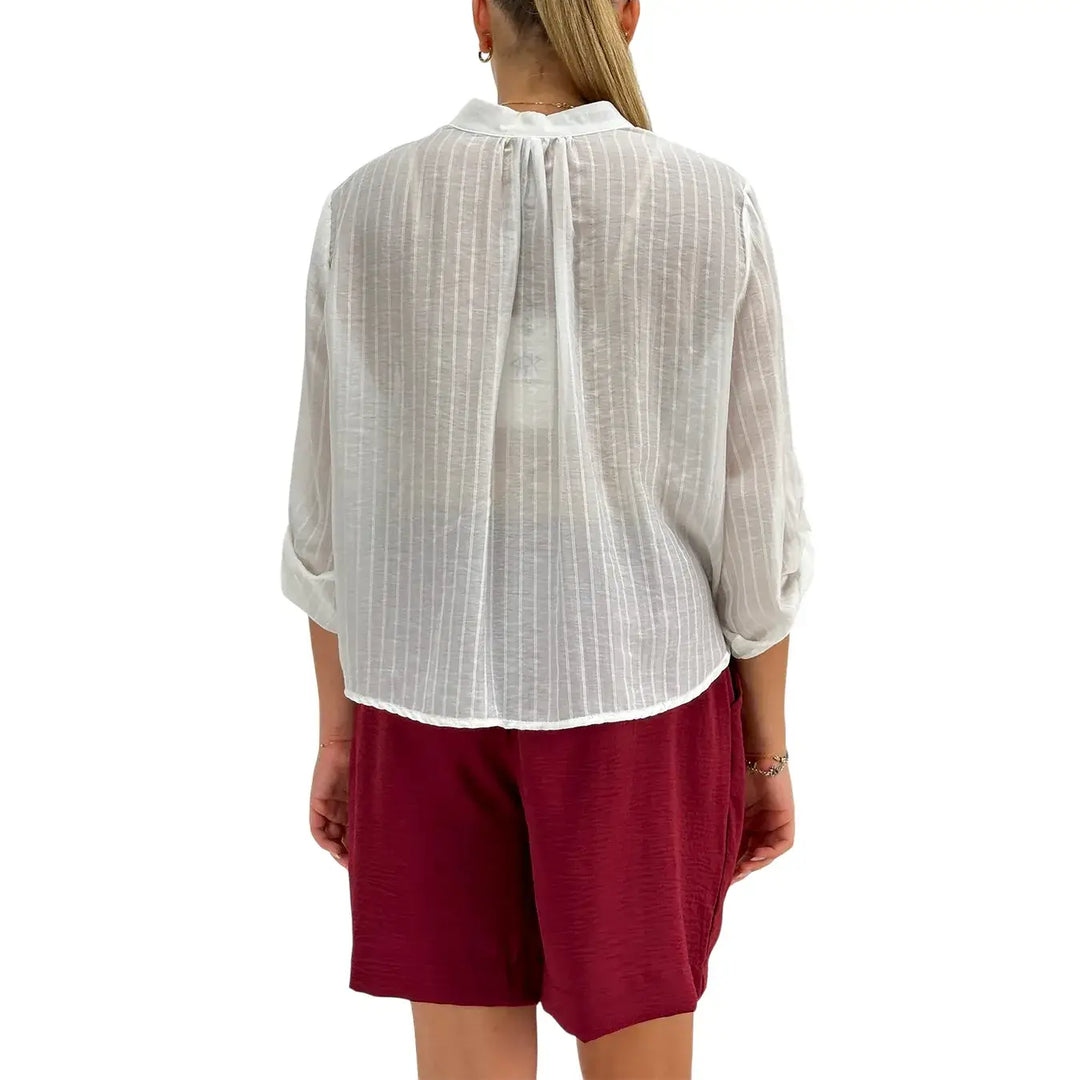 Bassini Camicia Donna Bianca Micro Gessata con Maniche 3/4 Collo alla Coreana e Linguetta Abbottonata