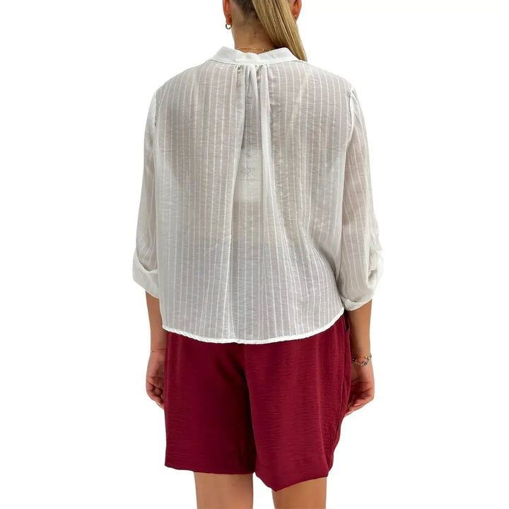 Bassini Camicia Donna Bianca Micro Gessata con Maniche 3/4 Collo alla Coreana e Linguetta Abbottonata