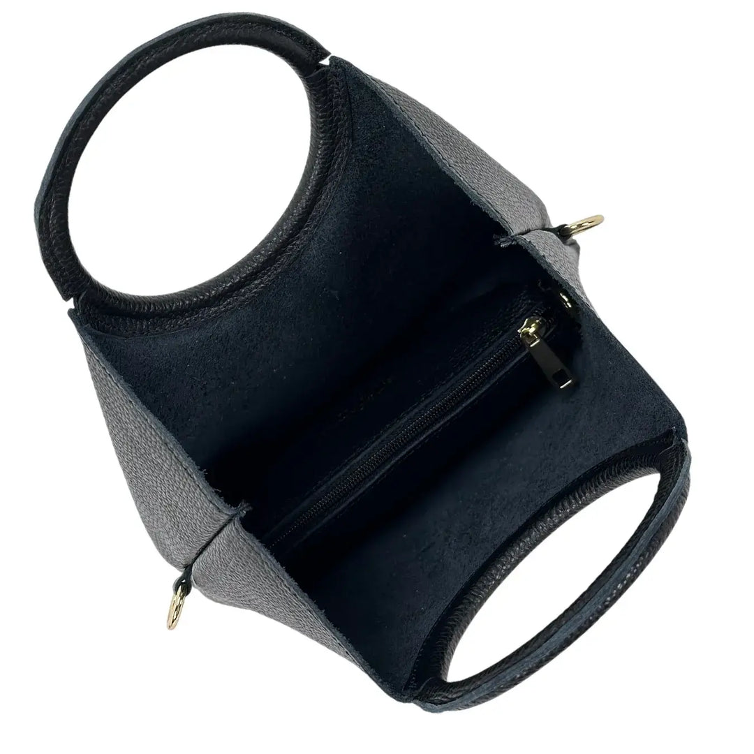 Bassini Borsa Donna in Pelle Nero Sfoderata con Maniglia ad Anello e Pochette Interna