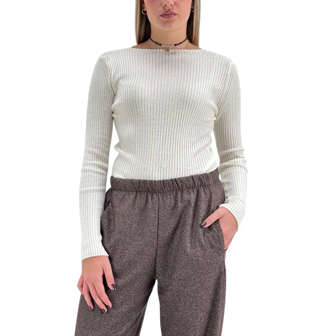 Bassini Maglia Donna Avorio a Coste Girocollo Basic a Maniche Lunghe