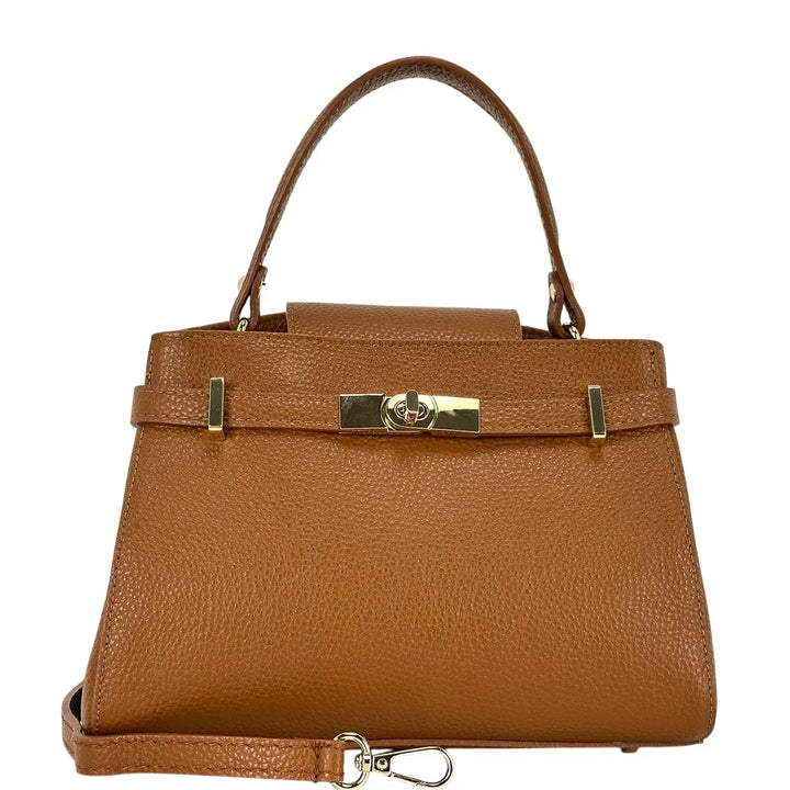 Bassini Borsa Donna in Pelle Cognac con Maniglia Centrale Tracolla Rimovibile e Girello