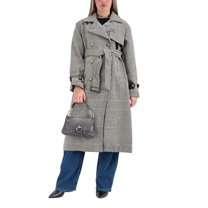 Bassini Cappotto Donna Marrone Lungo Trench Coat Pied de Poule e Principe di Galles Doppiopetto con Cintura