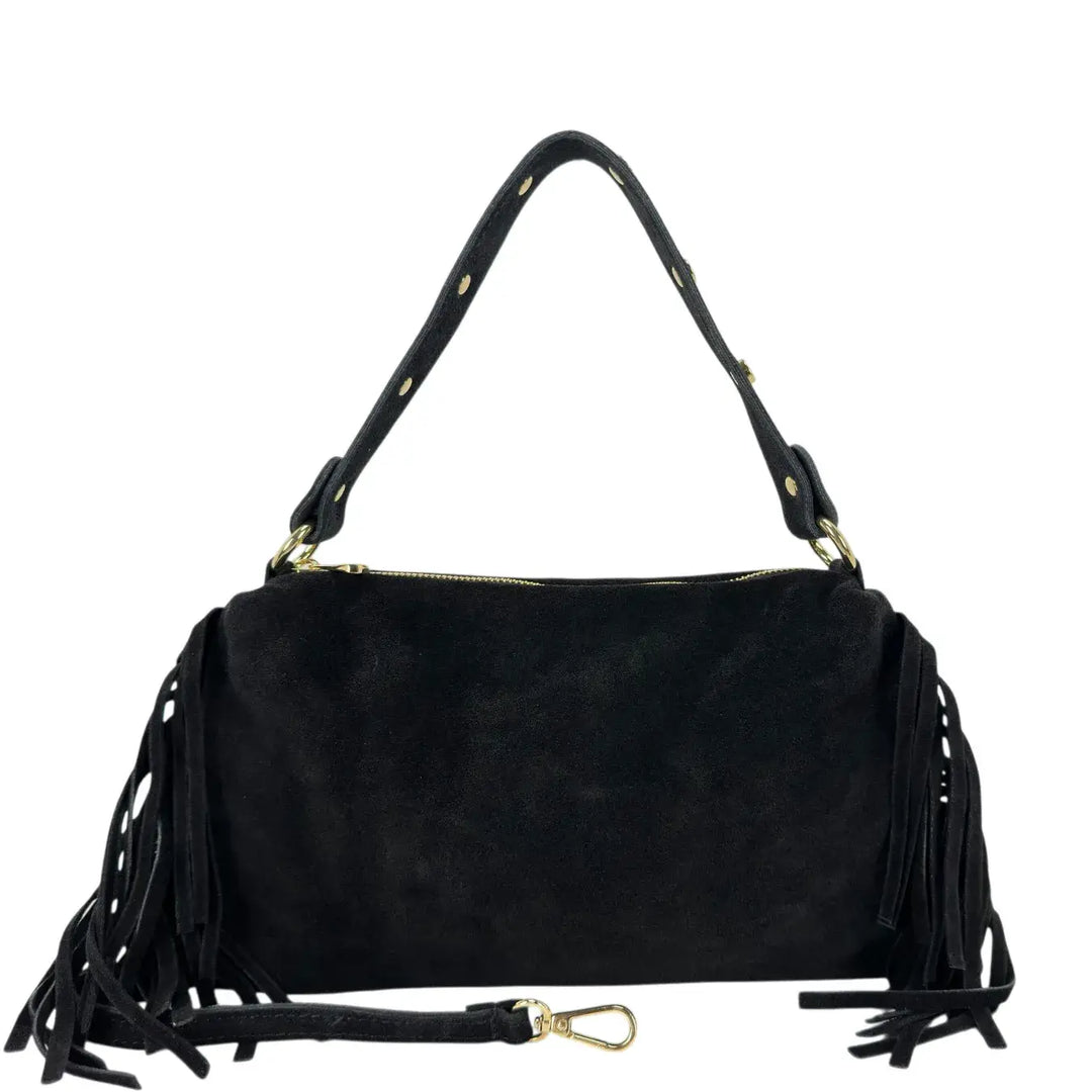Bassini Borsa Donna in Camoscio Nero con Chiusura Zip e Doppia Tracolla Rimovibile