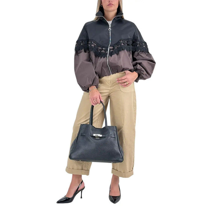 Bassini Bomber Donna Cioccolato Oversize con Inserti in Pizzo Nero e Polsini a Sbuffo