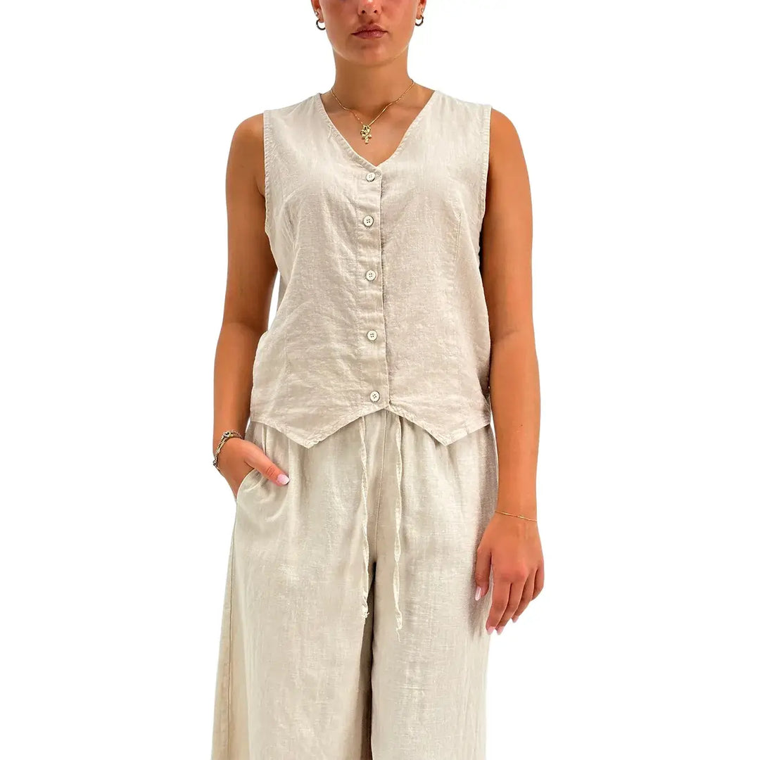 Bassini Camicia Donna Beige Smanicata in Lino e Cotone con Bottoni e Collo a V