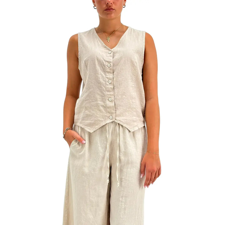 Bassini Camicia Donna Beige Smanicata in Lino e Cotone con Bottoni e Collo a V