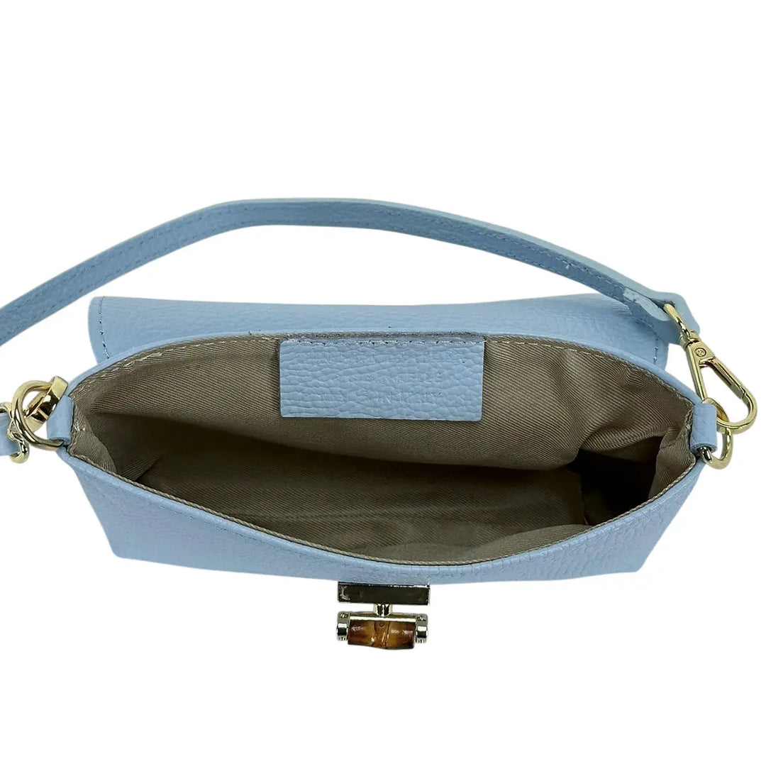 Bassini Borsa Donna Mini in Pelle Celeste con Pattina Chiusura Girello Bambù e Tracolla Rimovibile