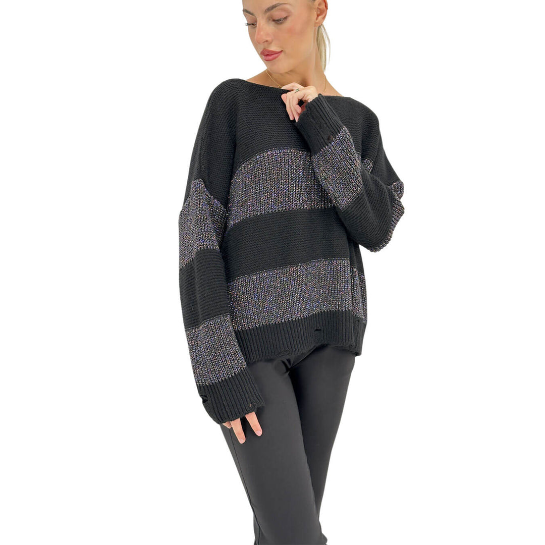 Relish, Maglia, Donna, Righe, Calin, Viscosa, Lurex, Nero