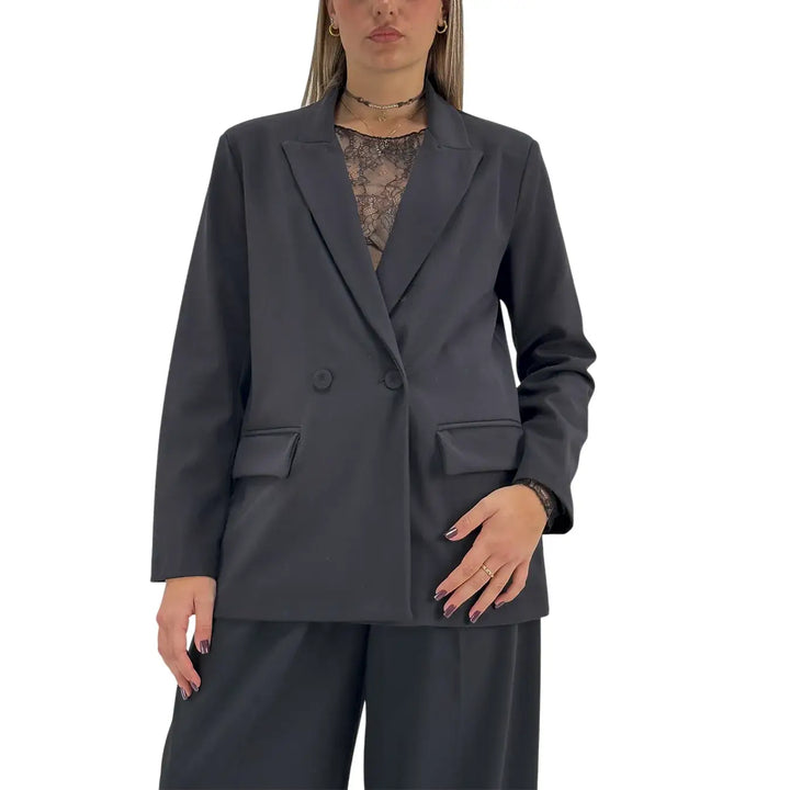 Bassini Giacca Donna Nera Doppiopetto Taglio Uomo Oversize con Tasche con Patta
