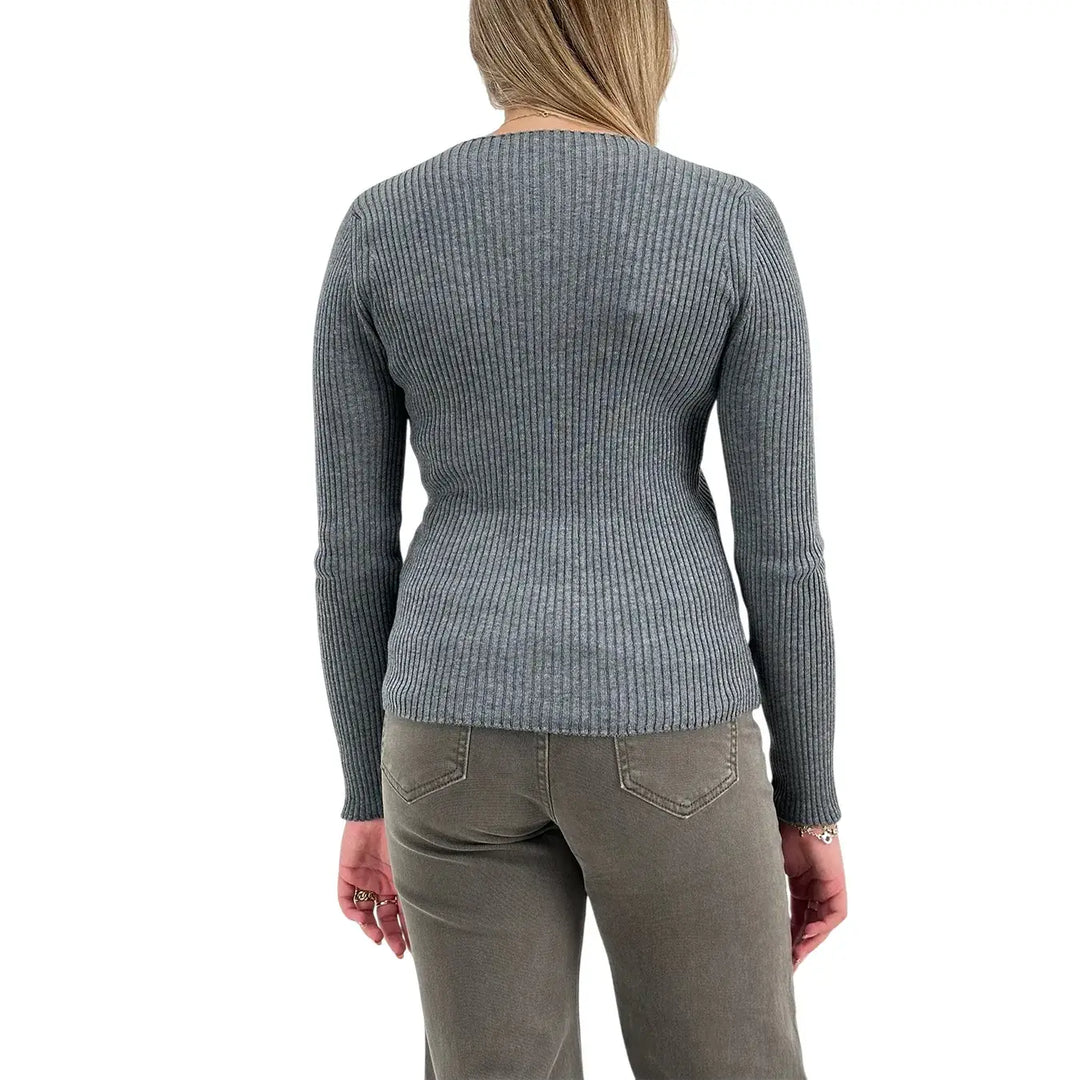 Bassini Maglia Donna Grigia a Coste con Girocollo e Maniche Lunghe