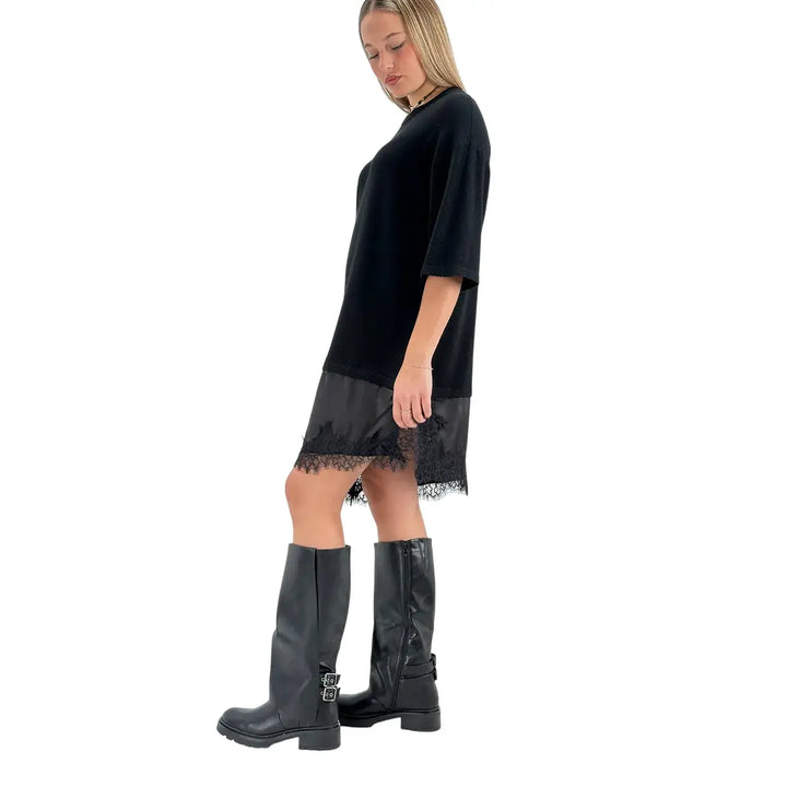 Bassini Abito Donna Nero in Maglia con Balza in Raso e Pizzo e Spacchi Laterali
