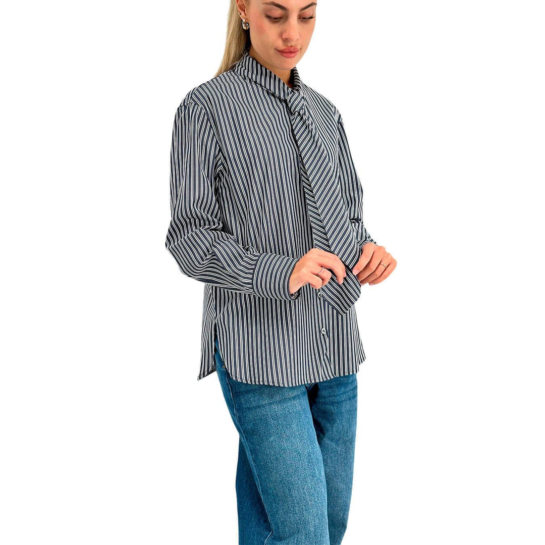 Ottod'Ame Maglia Donna, Camicia con Cravatta, Righe, Cotone, Blu