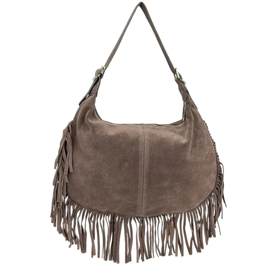 Bassini Borsa Donna in Pelle Scamosciata con Frange Laterali e Tracolla Intercambiabile Taupe