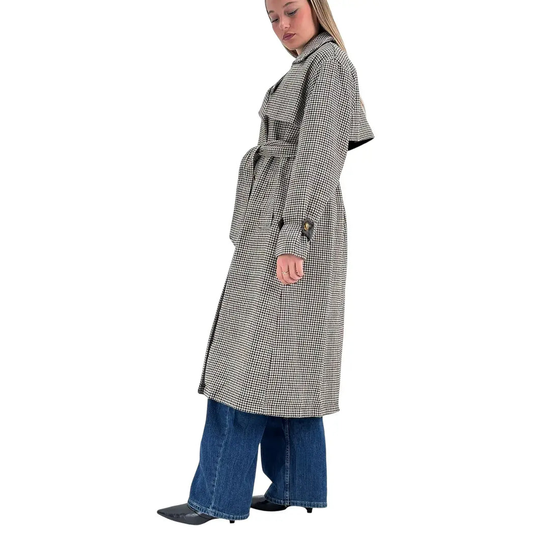 Bassini Cappotto Donna Marrone Lungo Trench Coat Pied de Poule e Principe di Galles Doppiopetto con Cintura