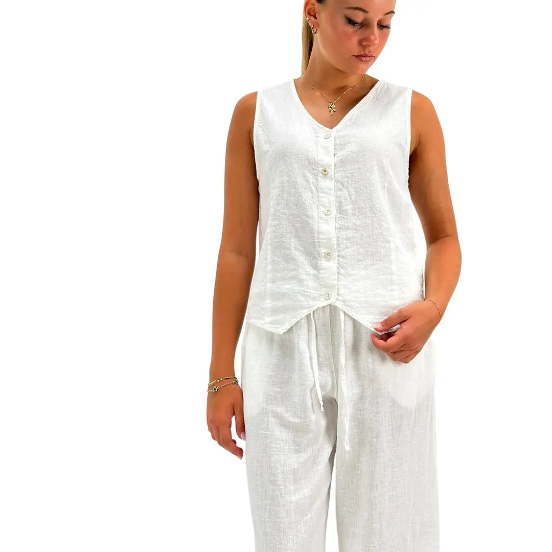 Bassini Camicia Donna Bianca Smanicata in Lino e Cotone con Bottoni e Collo a V