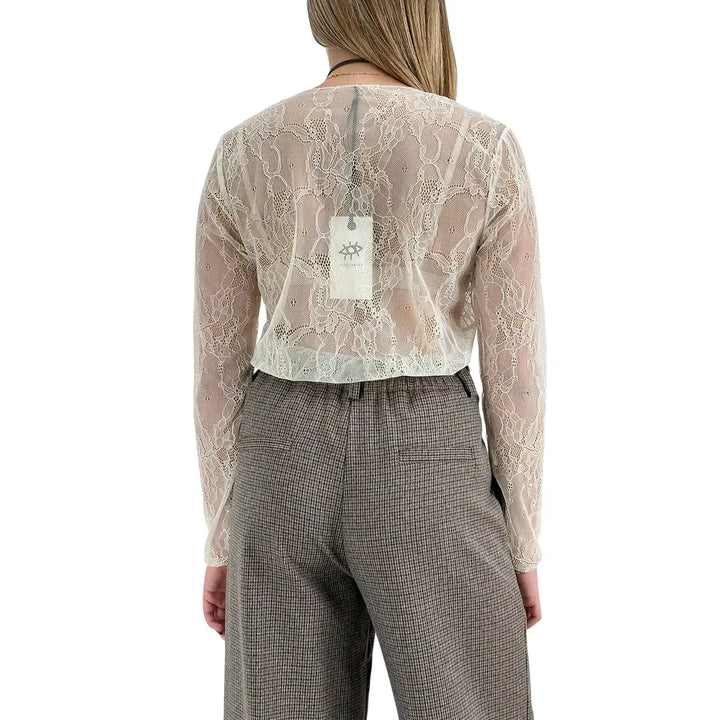 Bassini T-Shirt Donna Avorio in Pizzo con Girocollo e Maniche Lunghe