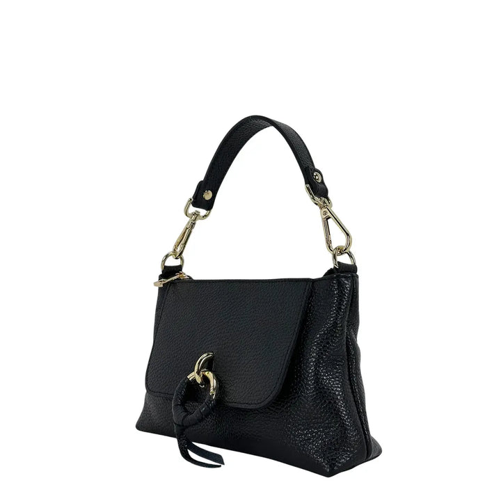 Bassini Borsa Donna Piccola in Pelle Nera con Doppia Tracolla e Accessorio Metallico
