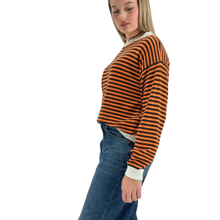 Bassini Maglia Donna Arancio a Righe Moro Girocollo Oversize con Maniche Raglan