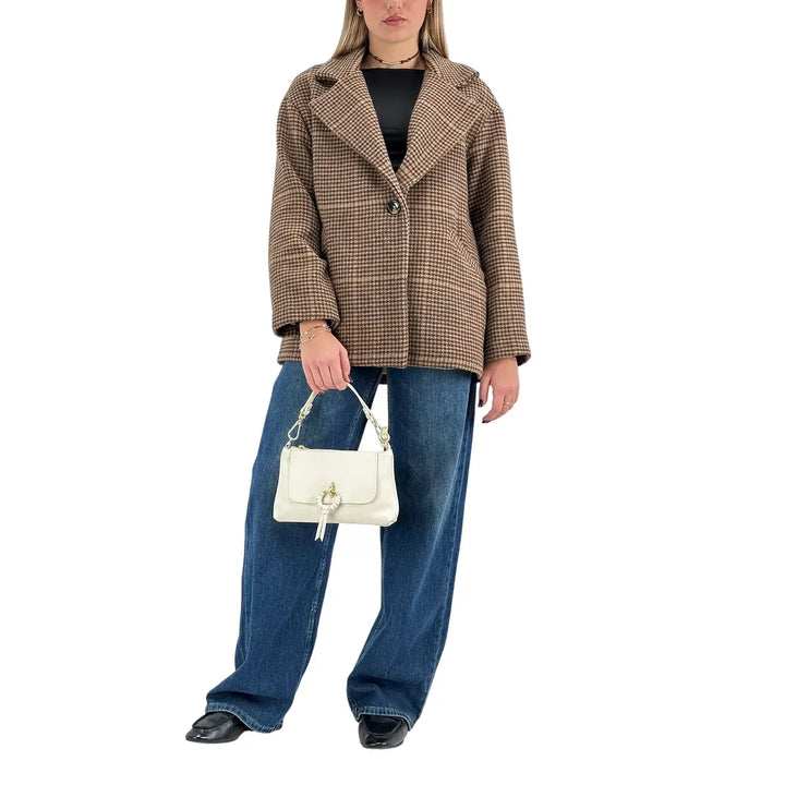 Bassini Cappottino Donna Corto Marrone Pied de Poule Oversize con Un Bottone