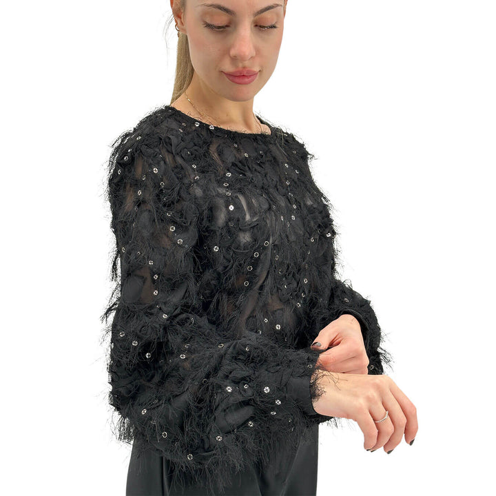 Motel Camicia Donna, Blusa, Girocollo, Frange e Paillettes, Nero