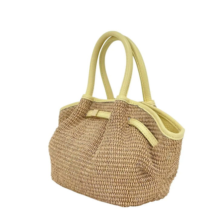 Bassini Borsa Donna in Raffia e Pelle Gialla con Due Manici e Tracolla Rimovibile