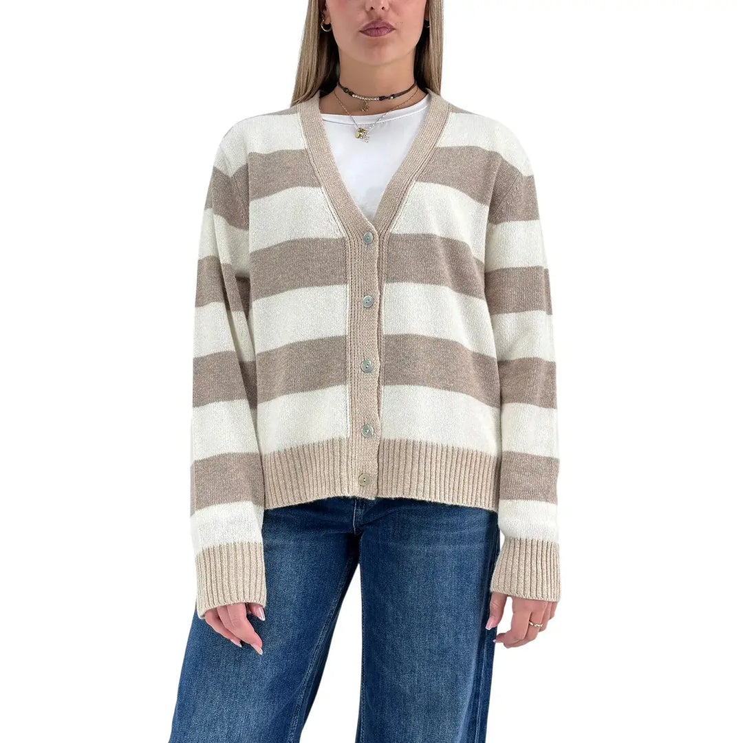 Bassini Cardigan Donna Beige Latte e Cipria a Righe con Cinque Bottoni e Coste Cammello