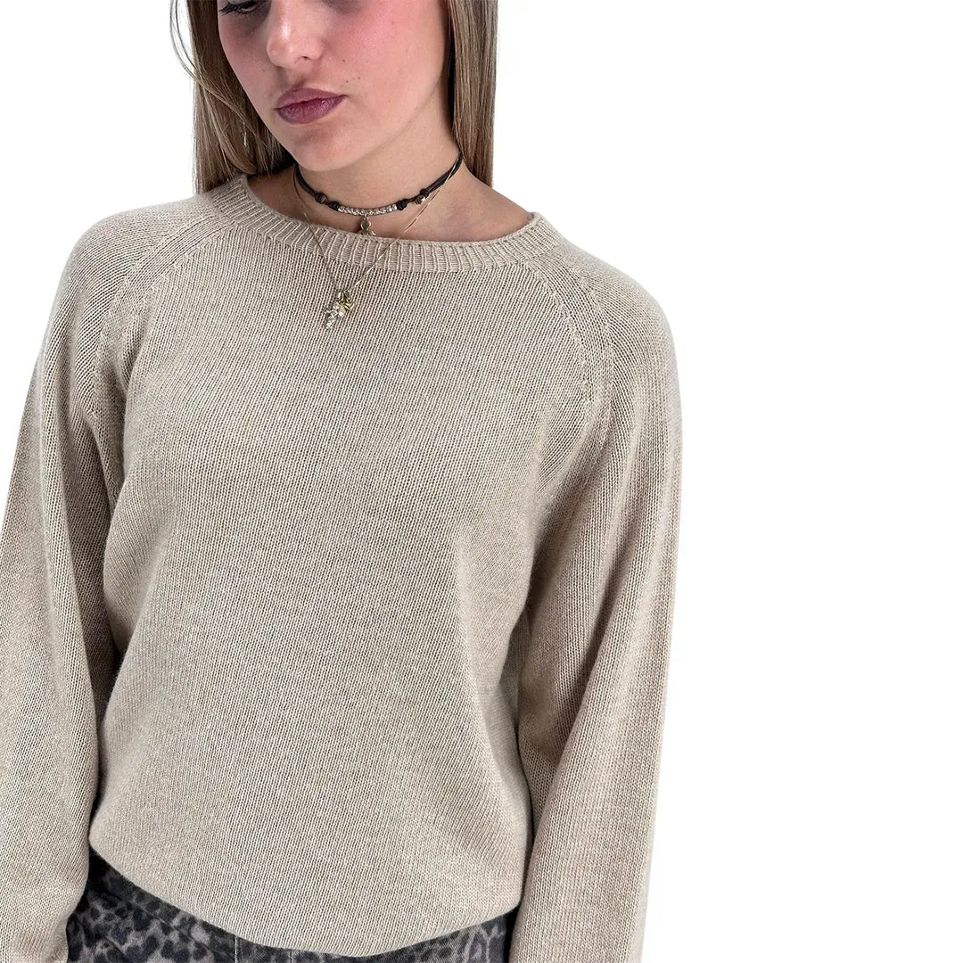 Bassini Maglia Donna Cammello Girocollo Oversize con Maniche Raglan e Orlo a Costine