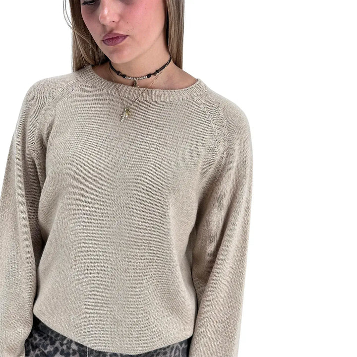 Bassini Maglia Donna Cammello Girocollo Oversize con Maniche Raglan e Orlo a Costine