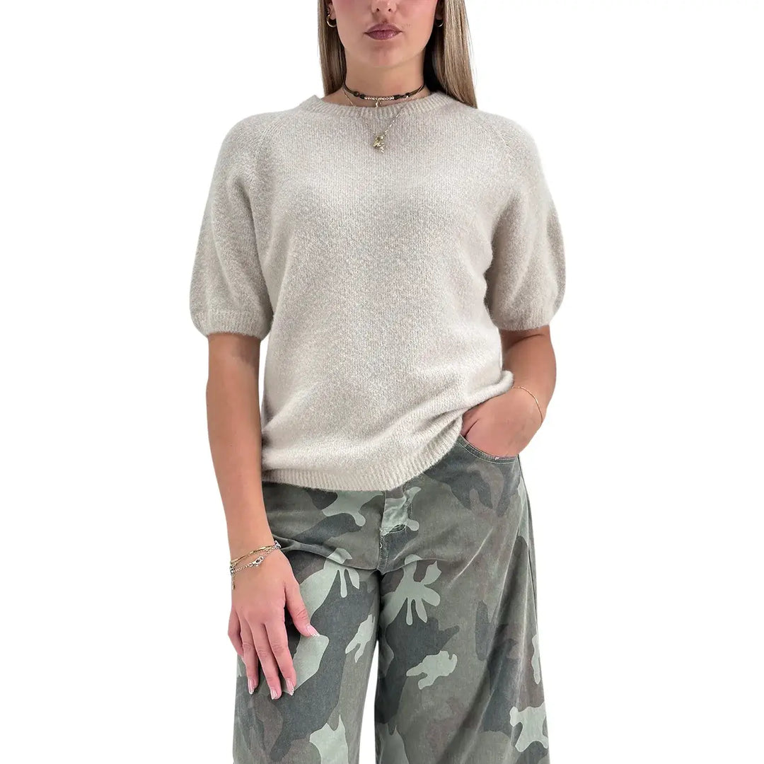 Bassini Maglia Donna Cipria Chiaro Girocollo Oversize con Maniche Corte Raglan e Orlo a Costine