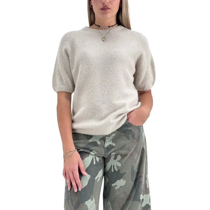 Bassini Maglia Donna Cipria Chiaro Girocollo Oversize con Maniche Corte Raglan e Orlo a Costine
