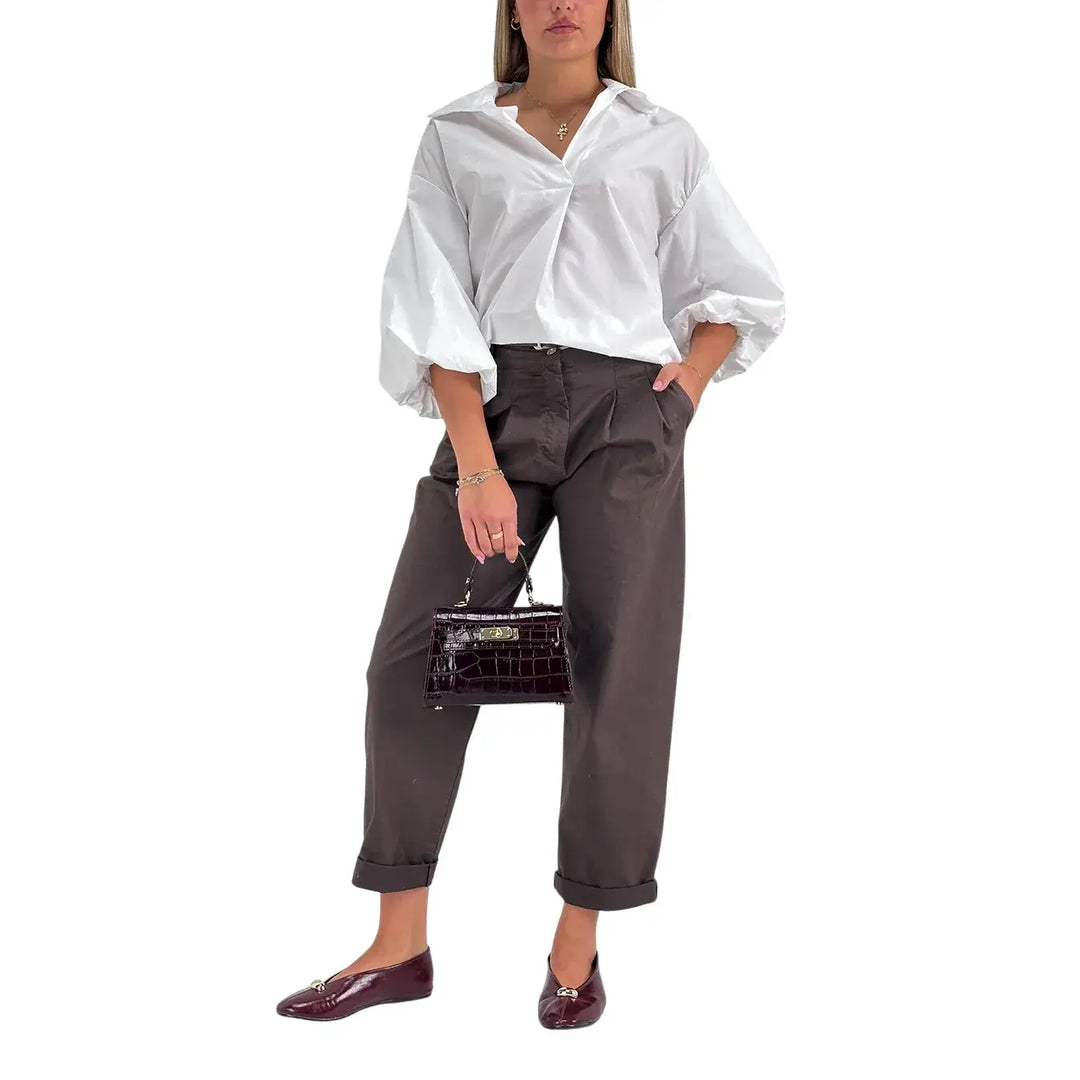 Bassini Pantaloni Donna Cioccolato Oversize con Doppia Pence, Elastico in Vita e Cintura