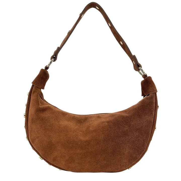 Bassini Borsa Donna Mezza Luna in Pelle Scamosciata con Borchie Oro e Tracolla Intercambiabile Cognac