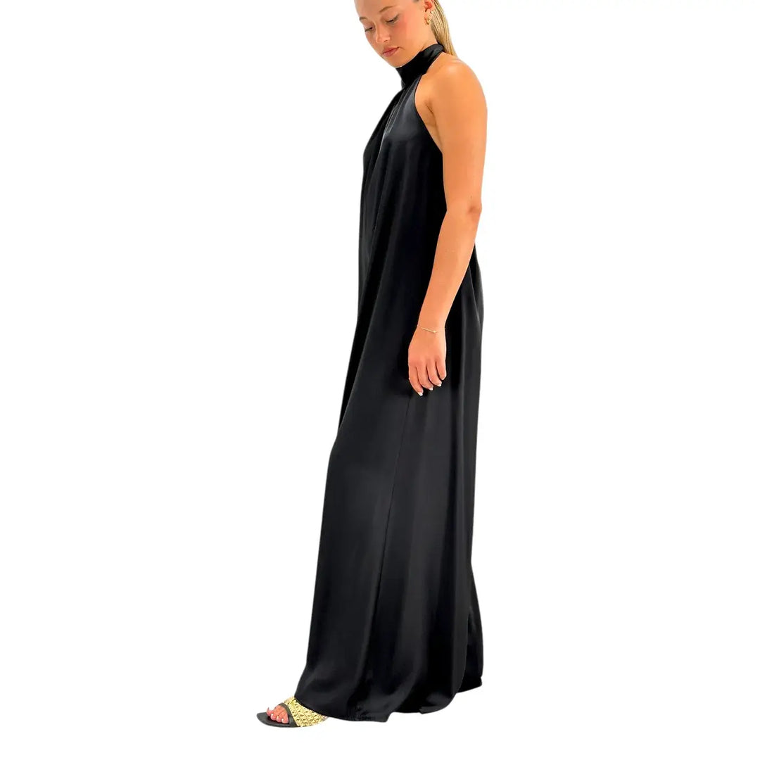 Bassini Tuta Donna Nera Elegante con Collo Americano, Fiocco sul Retro e Gamba Larga