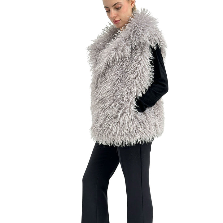 Kontatto Giacca Curly Faux Fur Donna, Smanicato, Revers, Grigio