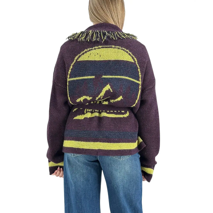 Bassini Maglia Donna Borgogna Aperta con Cintura in Maglia, Bordi Sfrangiati e Ricamo Mountain