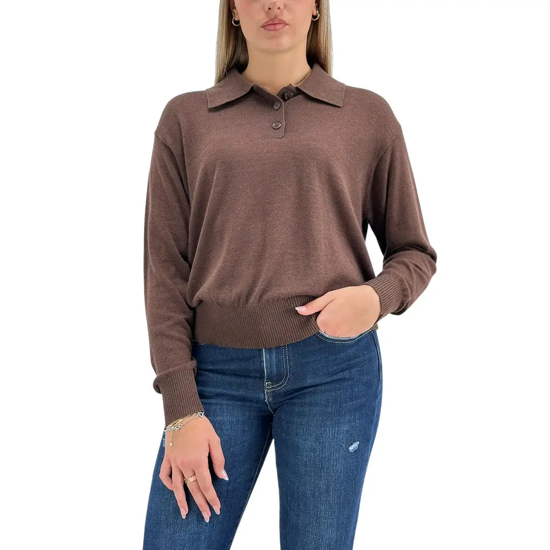 Bassini Maglia Donna Cioccolato Polo Crop Over a Tre Bottoni con Maniche Lunghe