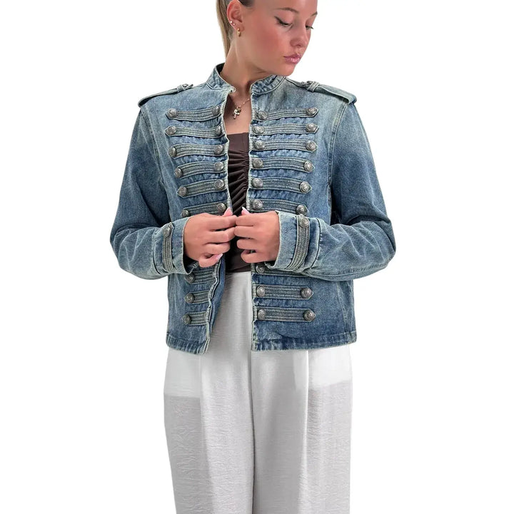 Bassini Giubbotto Donna Blu Medio in Denim Washed Stile Napoleone