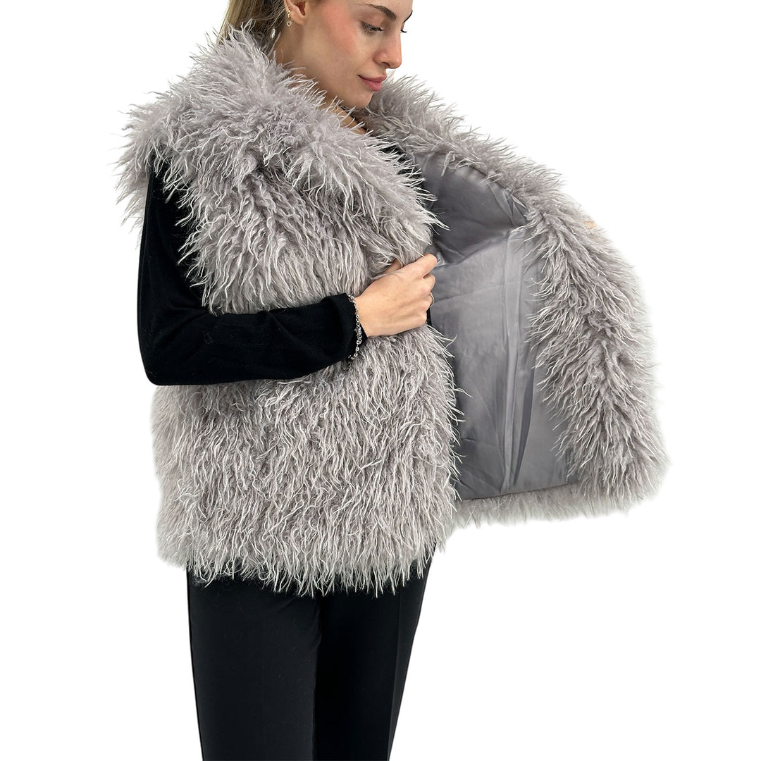 Kontatto Giacca Curly Faux Fur Donna, Smanicato, Revers, Grigio