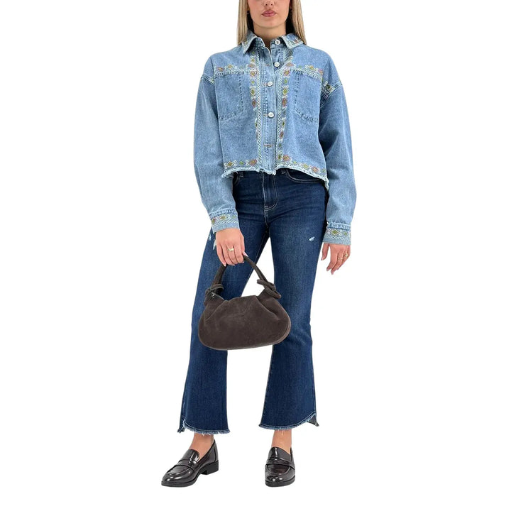 Bassini Giubbotto Donna Blu Chiaro in Denim Cropped con Ricami Etnici e Fondo Sfrangiato