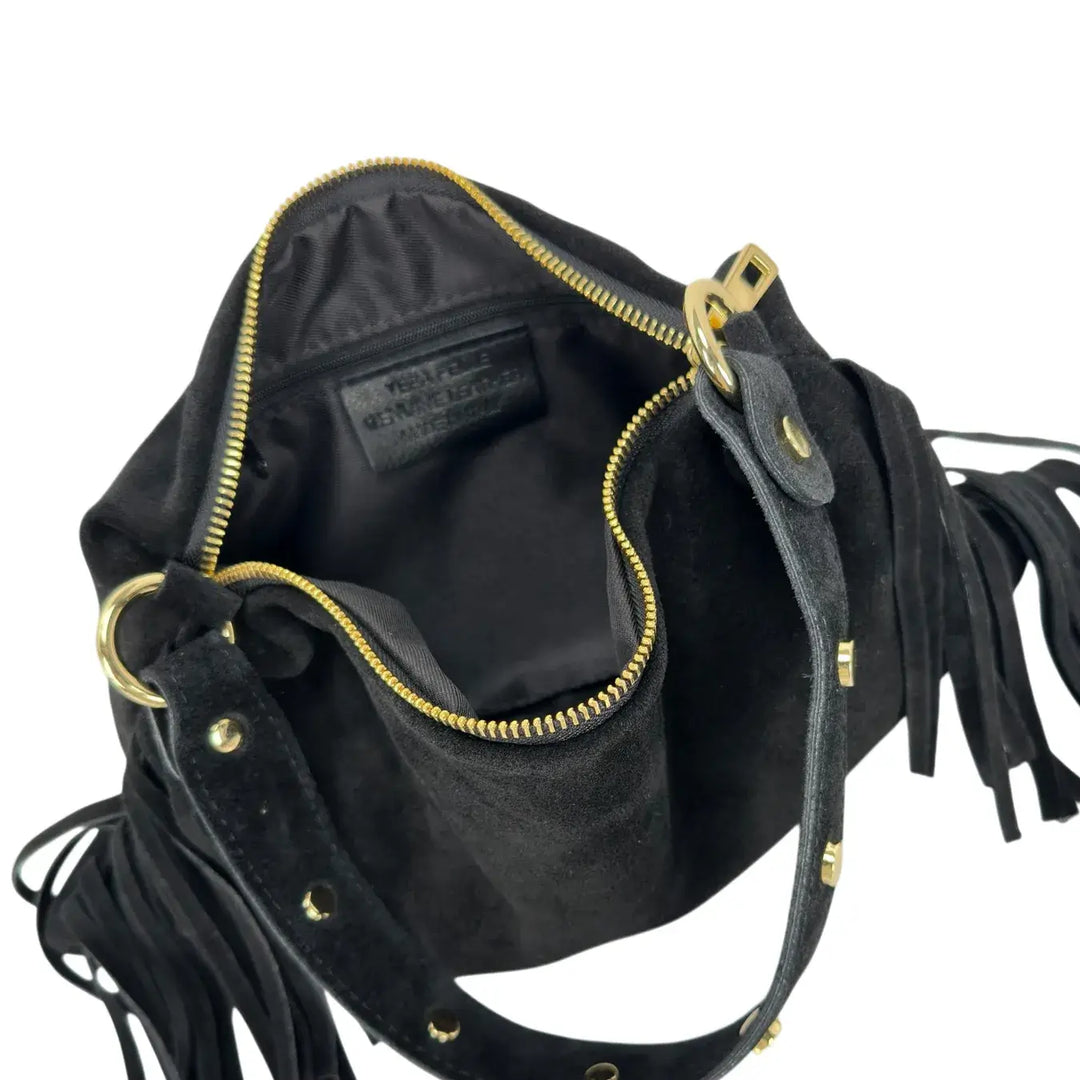 Bassini Borsa Donna in Camoscio Nero con Chiusura Zip e Doppia Tracolla Rimovibile