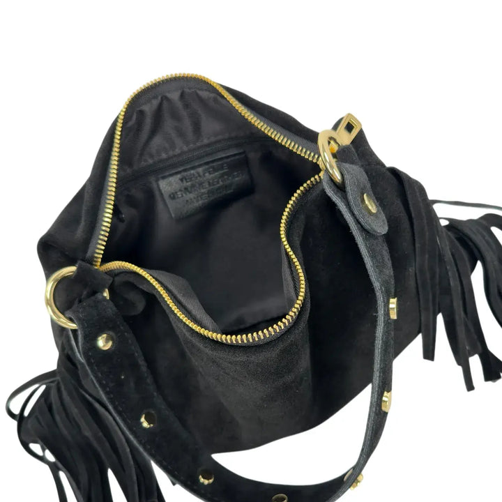 Bassini Borsa Donna in Camoscio Nero con Chiusura Zip e Doppia Tracolla Rimovibile