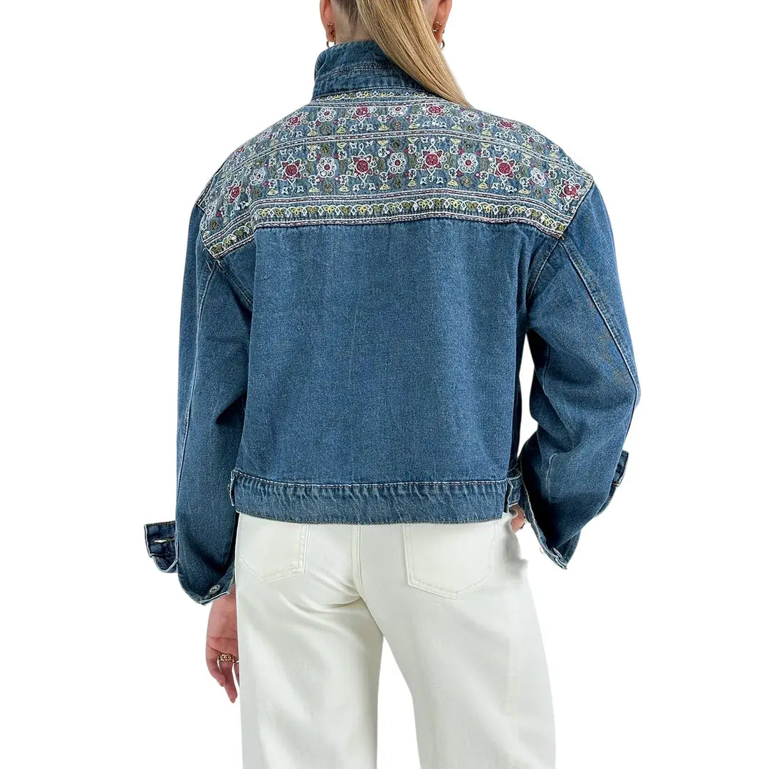 Bassini Giubbotto Donna Blu Medio Modello Trucker in Denim Elasticizzato con Ricami e Paillettes