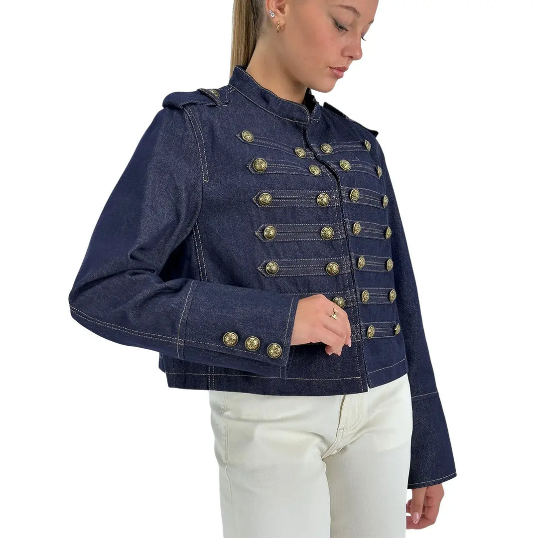 Bassini Giacca Donna Blu Denim Stile Militare Napoleone con Bottoni Color Oro Antico