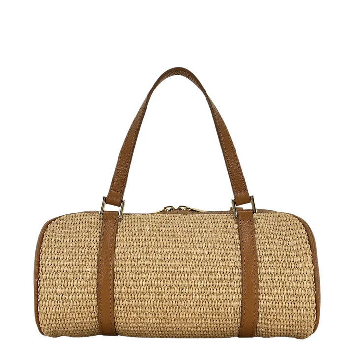 Bassini Borsa Donna Media in Rafia e Pelle Color Cuoio con Due Manici e Tracolla Rimovibile