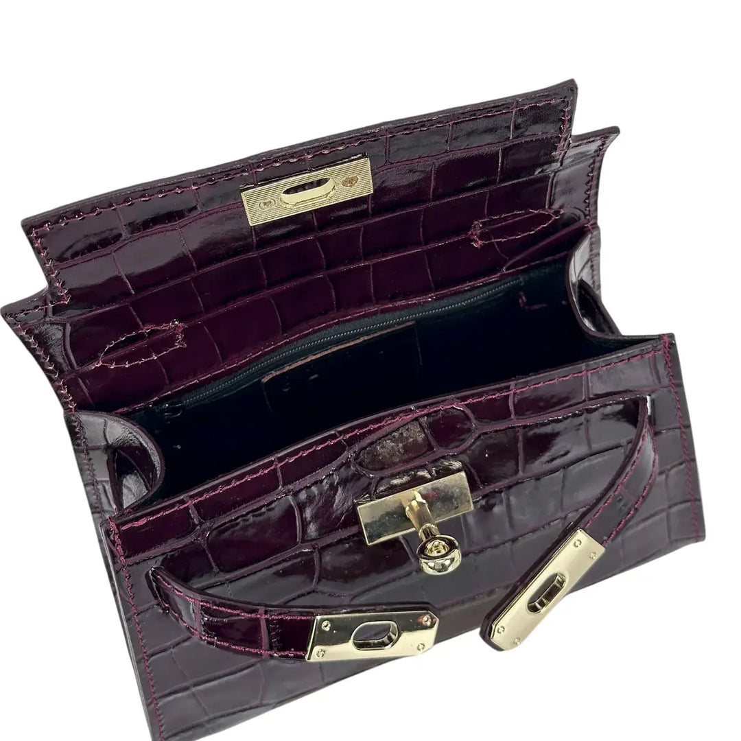 Bassini Borsa Donna Piccola in Pelle Bordeaux Stampa Cocco con Maniglia Centrale e Tracolla Rimovibile
