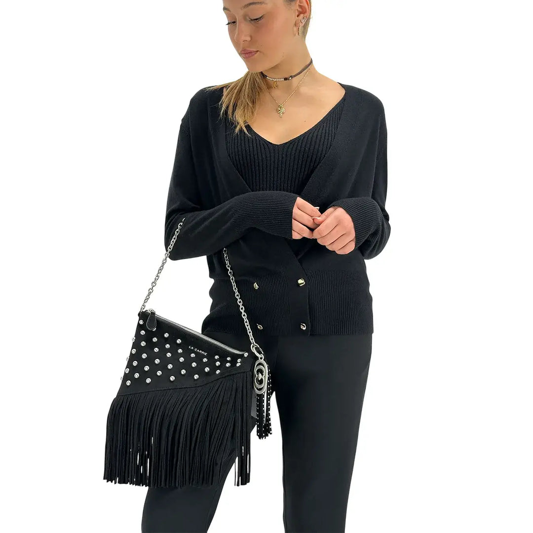 Koralline, Cardigan Doppio Petto, Donna,  Tessuto Misto, Nero