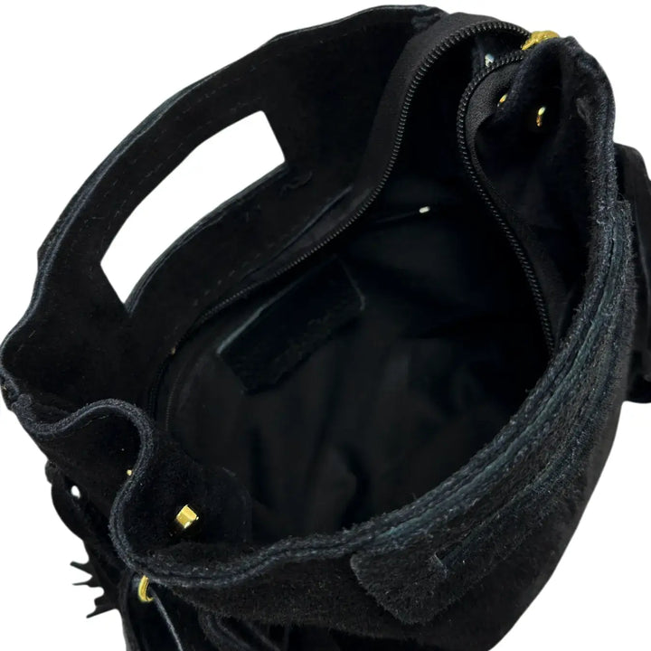 Bassini Borsa Donna Mini in Camoscio Nero con Frange Laterali e Tracolla Rimovibile