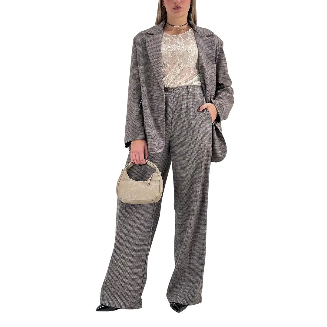 Bassini Pantaloni Donna Marroni Palazzo Principe di Galles con Elastico in Vita e Tasche a Filo
