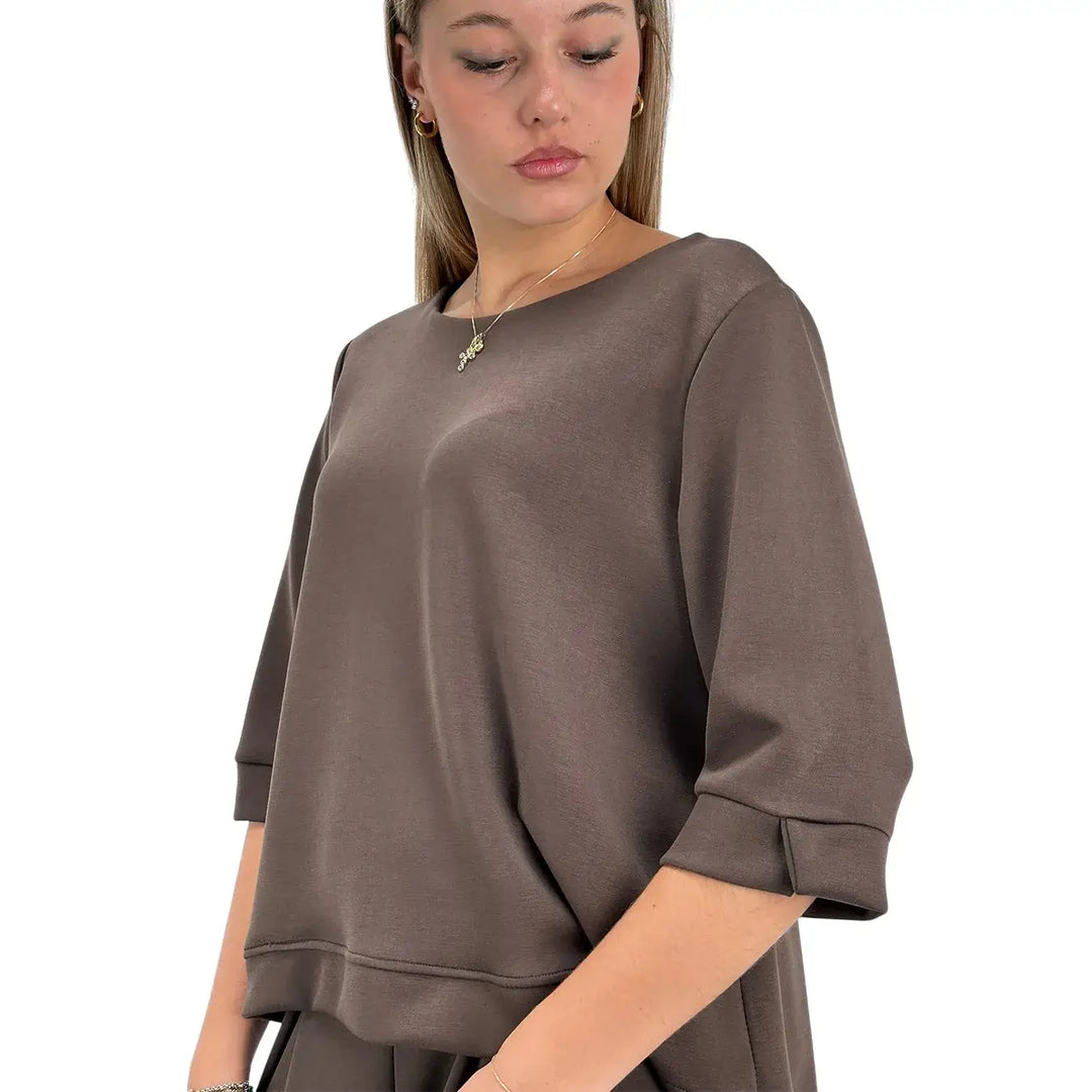 Bassini Felpa Donna Cioccolato Oversize con Scollo a Barca e Maniche Tre Quarti
