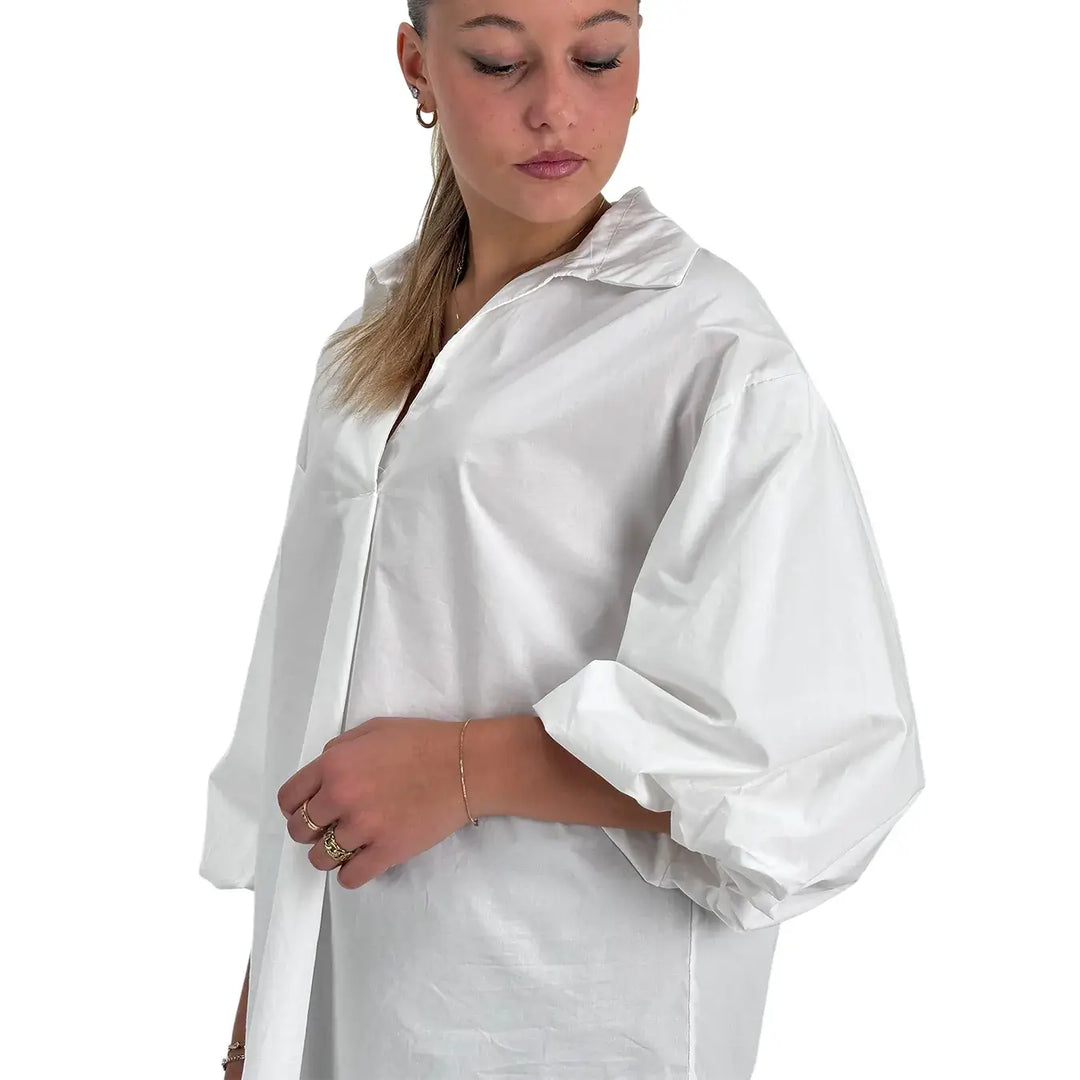 Bassini Camicia Donna Bianca Oversize in Cotone con Maniche a Palloncino 3/4
